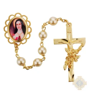 St Therese Pearl like Rosary with Pewter Crucifix