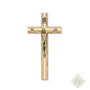 8-Inch. Natural Oak Wood With Brass Inlay And Gold On Pewter Corpus And Inri. Wall Crucifix