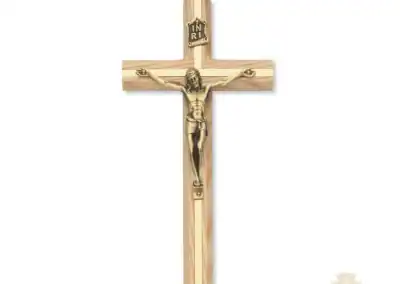 8-Inch. Natural Oak Wood With Brass Inlay And Gold On Pewter Corpus And Inri. Wall Crucifix