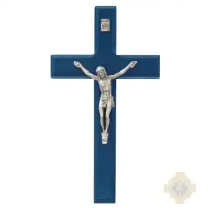 6.5" Beveled Blue Wood With Silver Corpus Crucifix