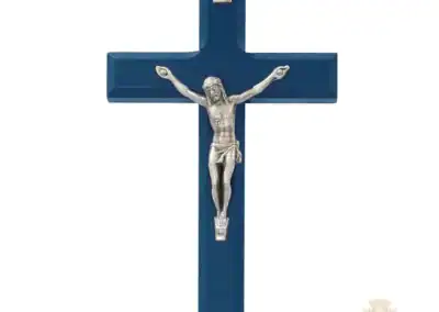 6.5" Beveled Blue Wood With Silver Corpus Crucifix