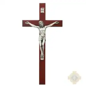 10-Inch. Cherry Stained Beveled Wood With Italian Corpus And Inri. Wall Crucifix