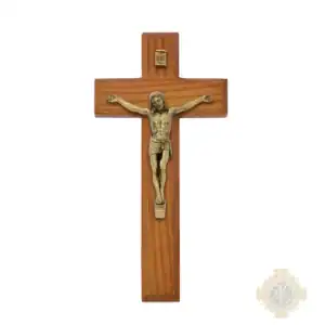 7-Inch. Walnut Stained Wood With Gold On Pewter Corpus And Inri. Wall Crucifix