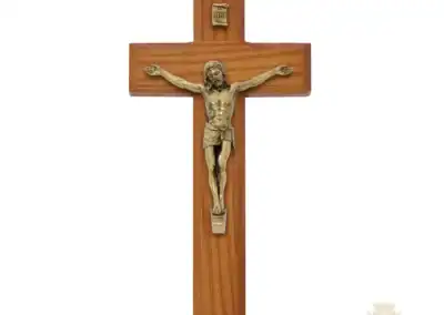 7-Inch. Walnut Stained Wood With Gold On Pewter Corpus And Inri. Wall Crucifix