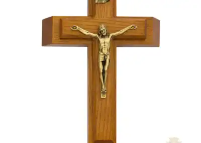 12-Inch. Walnut Stained Wood With Gold On Pewter Corpus And Inri. Two Candles And Holy Water Bottle Included. Wall Crucifix