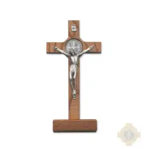 8-Inch. Walnut Stained Wood With Pewter St. Benedict Coins And Italian Corpus And Inri. Wall Crucifix