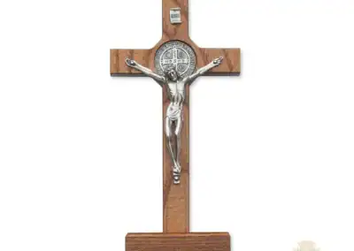8-Inch. Walnut Stained Wood With Pewter St. Benedict Coins And Italian Corpus And Inri. Wall Crucifix