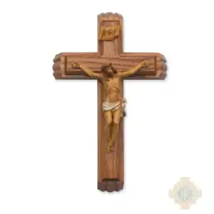 13-Inch. Walnut Stained Wood With Italian Resin Corpus And Inri. Includes 2 Candles And 1 Holy Water Bottle. Wall Crucifix