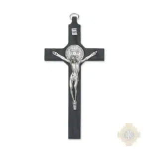 8-Inch. Black Painted Wood With Pewter St. Benedict Coins And Italian Corpus And Inri Wall Crucifix