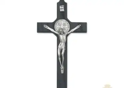 8-Inch. Black Painted Wood With Pewter St. Benedict Coins And Italian Corpus And Inri Wall Crucifix