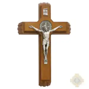 13-Inch. Walnut Stained Wood With Pewter St. Benedict Coins And Italian Corpus And Inri. 2 Candles And One Holy Water Bottle Included. Wall Crucifix