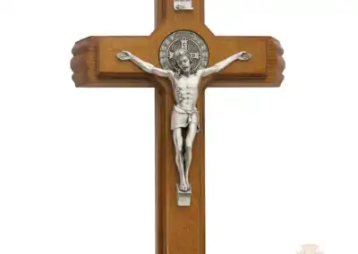 13-Inch. Walnut Stained Wood With Pewter St. Benedict Coins And Italian Corpus And Inri. 2 Candles And One Holy Water Bottle Included. Wall Crucifix