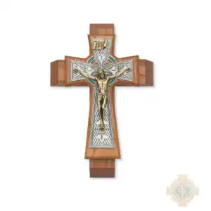 11-Inch. Walnut Stained Wood With Pewter Celtic With Green Epoxy Overlay And Gold On Pewter Corpus And Inri. 2 Candles And 1 Holy Water Bottle Included. Wall Crucifix