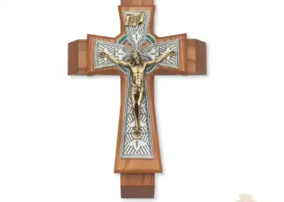 11-Inch. Walnut Stained Wood With Pewter Celtic With Green Epoxy Overlay And Gold On Pewter Corpus And Inri. 2 Candles And 1 Holy Water Bottle Included. Wall Crucifix