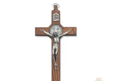 6 1/2-Inch. Walnut Stained Wood With Pewter Celtic With Green Epoxy Overlay And Gold On Pewter Corpus And Inri Wall Crucifix