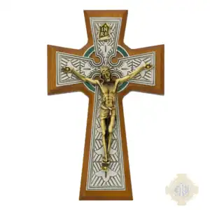 8-Inch. Walnut Stained Wood And Pewter Celtic With Green Epoxy Overlay And Gold On Pewter Corpus And Inri. Wall Crucifix