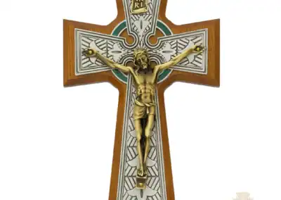 8-Inch. Walnut Stained Wood And Pewter Celtic With Green Epoxy Overlay And Gold On Pewter Corpus And Inri. Wall Crucifix