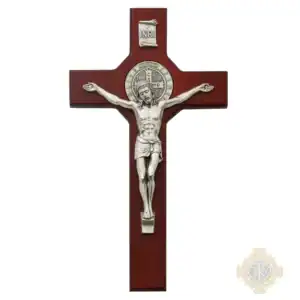 10.5-Inch. Cherry Stained Wood With Pewter St. Benedict Coins And Italian Corpus And Inri Wall Crucifix