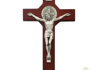10.5-Inch. Cherry Stained Wood With Pewter St. Benedict Coins And Italian Corpus And Inri Wall Crucifix