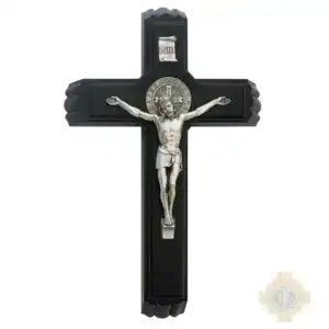 13-Inch. Black Painted Wood And St. Benedict Coins With Italian Corpus And Inri. 2 Candles And Holy Water Bottle Included. Wall Crucifix