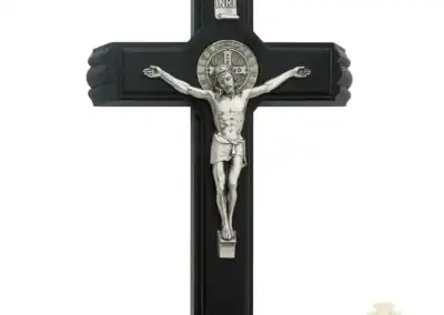 13-Inch. Black Painted Wood And St. Benedict Coins With Italian Corpus And Inri. 2 Candles And Holy Water Bottle Included. Wall Crucifix