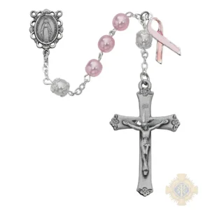 Pink Pearl like Cancer Rosary with Sterling silver Crucifix