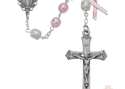 Pink Pearl like Cancer Rosary with Sterling silver Crucifix