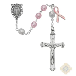 Pink Pearl like Cancer Rosary with Pewter Crucifix