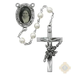 Pearl like St Therese Rosary with Pewter Crucifix