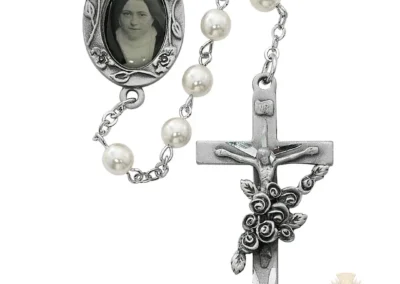 Pearl like St Therese Rosary with Pewter Crucifix