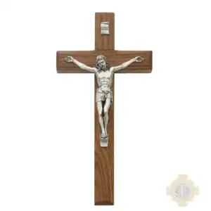 8-Inch. Beveled Walnut Wood With Italian Corpus And Inri Wall Crucifix