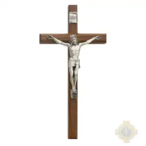 12-Inch. Beveled Walnut Wood With Italian Corpus And Inri Wall Crucifix