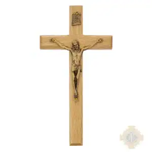 8" Beveled Oak With Antique Gold Corpus Crucifix Bagged