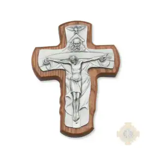 5 1/2-Inch. Walnut Stained Wood With Pewter Trinity Cross Overlay