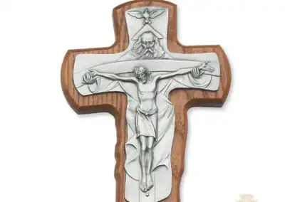 5 1/2-Inch. Walnut Stained Wood With Pewter Trinity Cross Overlay