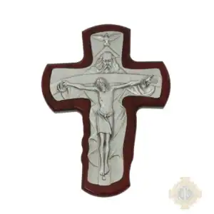 5 1/2-Inch. Cherry Stained Wood With Pewter Trinity Cross Overlay.