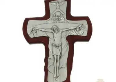 5 1/2-Inch. Cherry Stained Wood With Pewter Trinity Cross Overlay.