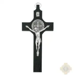 6 1/4-Inch. Black Painted Wood With Pewter St. Benedict Coins And Italian Corpus And Inri Wall Crucifix