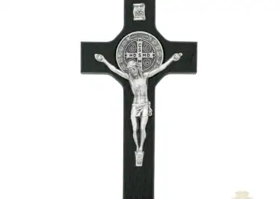6 1/4-Inch. Black Painted Wood With Pewter St. Benedict Coins And Italian Corpus And Inri Wall Crucifix