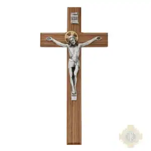 12-Inch. Beveled Walnut Wood With Italian Corpus And Inri Wall Crucifix