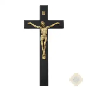 10" Beveled Black Wood With Antique Bronze Corpus Crucifix