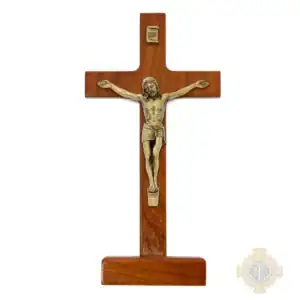 8" Walnut Stained Wood With Antique Bronze Corpus Standing Crucifix