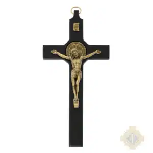 8" Black Painted Wood With Antique Bronze St. Benedict Corpus Wall Crucifix