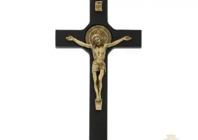 8" Black Painted Wood With Antique Bronze St. Benedict Corpus Wall Crucifix