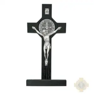 6-Inch. Black Painted Wood With Pewter St. Benedict Coins And Italian Corpus And Inri Wall Crucifix