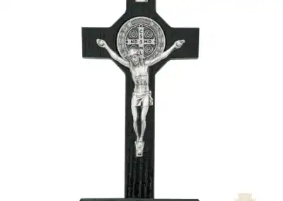 6-Inch. Black Painted Wood With Pewter St. Benedict Coins And Italian Corpus And Inri Wall Crucifix