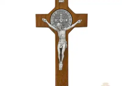 6-Inch. Walnut Stained Wood With Pewter St. Benedict Coins And Italian Corpus And Inri Wall Crucifix