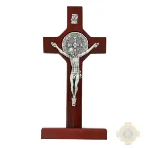 6-Inch. Cherry Stained Wood With Pewter St. Benedict Coins And Italian Corpus And Inri Wall Crucifix