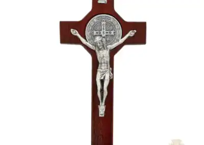 6-Inch. Cherry Stained Wood With Pewter St. Benedict Coins And Italian Corpus And Inri Wall Crucifix