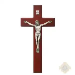 8-Inch. Beveled Cherry Stained Wood With Italian Corpus And Inri Wall Crucifix